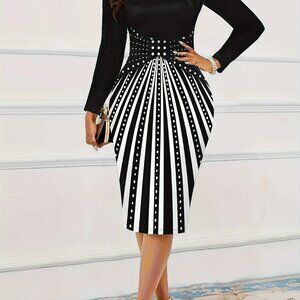 New Crew Neck Striped Women y2k Print Formal Bolo Dress Size XL
